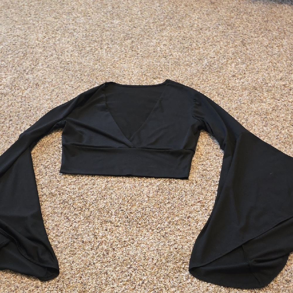 Black V-Neck Crop Top with Dramatic Bell Sleeves